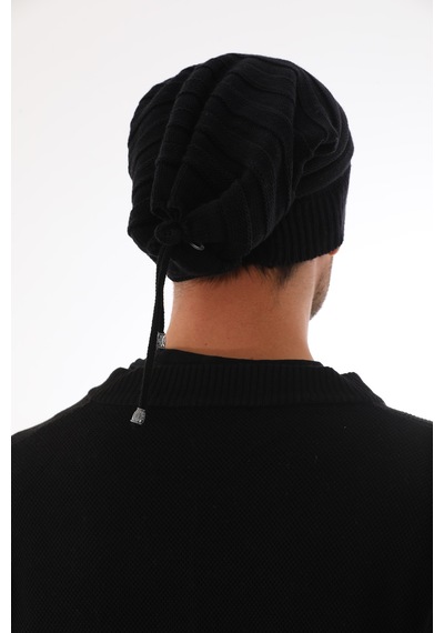 Ritagarcia Unisex Arkası İpli Büzgülü Triko Bere Kışlık Dökümlü Slouchy Beanie Bere Siyah