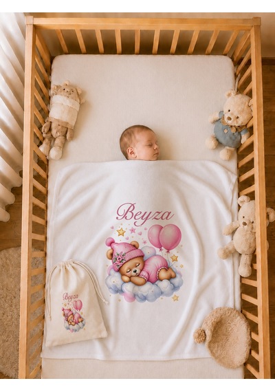 Kız Bebek Hediyesi İsme Özel 80x80 Cm Çift Kat Penye Bebek Battaniyesi %100 Pamuk Ham Bez Kıyafet Keseli 1032bkyx
