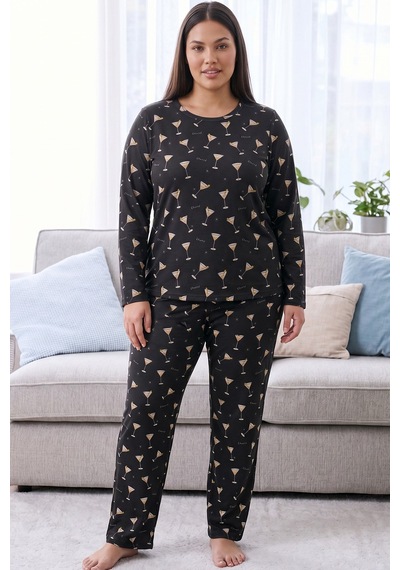 Siyah İnci Desenli Termal Kumaşlı Ultra Soft Yumuşak Büyük Beden Battal Boy Örme Pijama Takımı 26226710 Antrasit