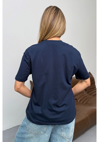 Giysa Kadın Gümüş Aksesuar Detaylı Pamuklu T-shirt Lacivert - 26y 26510