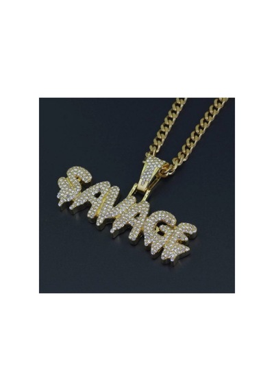 Lunarie Savage Yazılı İced Out Kolye 14k Gold Kararmaz Çelik Altın