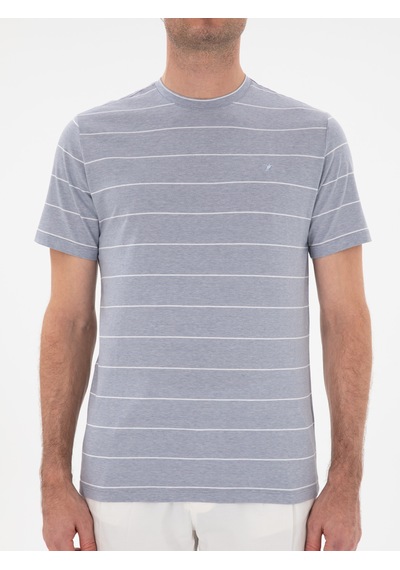 Beyaz Regular Fit Bisiklet Yaka Çizgili T-shirt Mavi