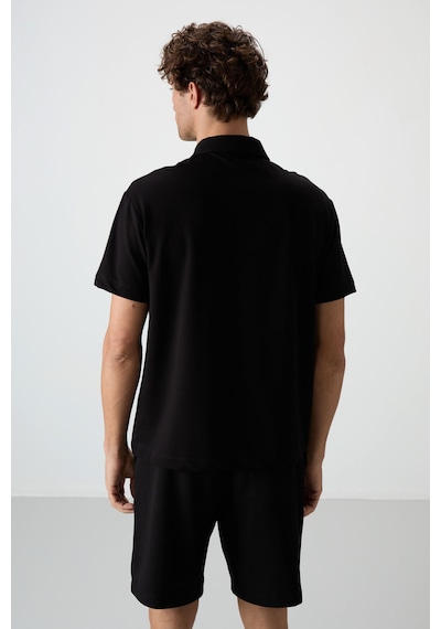 Air Jones Tommy Life Siyah Pamuklu Kalın Yumuşak Dokulu Polo Yaka Oversize Fit Basic Erkek T- Shirt - 88381 Siyah