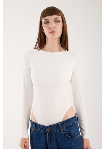 Gugus Kadın Bisiklet Yaka Uzun Kollu Çıtçıtlı/zıbın Body Beyazz