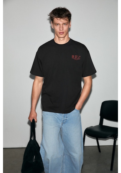 Grimelange Grımelange Antonıo Erkek Baskı Detaylı %100 Organik Pamuk 3 İplik Örme Oversize Siyah T-shirt
