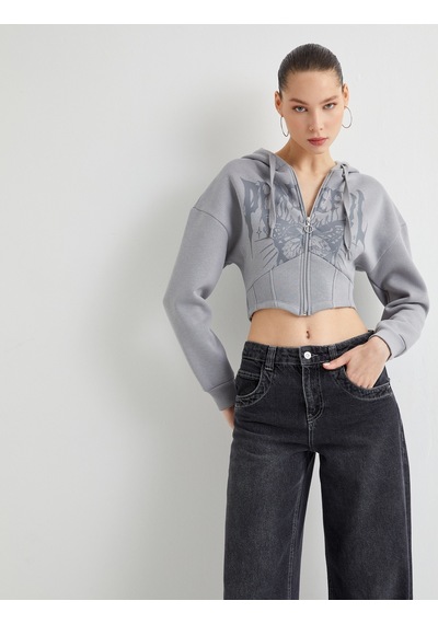 Koton Crop Kapşonlu Sweatshirt Fermuarlı Baskılı Korse Görünümlü Gri 4sal10690ık Gri
