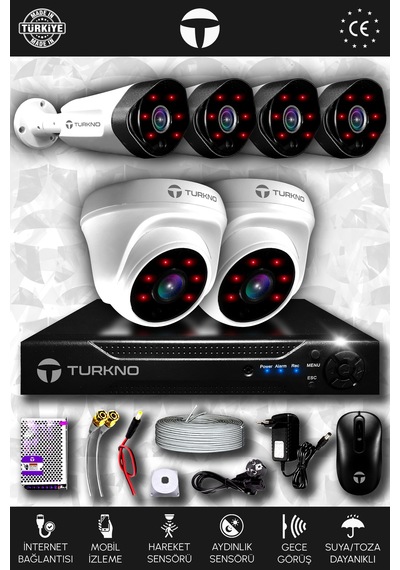 Turkno 6 Kameralı Galia 2 İç Kamera Set HDD'siz Full HD Gece Görüşlü Güvenlik Kamerası Sistemi