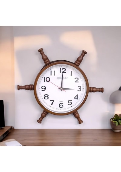Nostaljik Eskitme Ahşap Gemici Dümen Duvar Saati Çap 35 Cm Eskitme