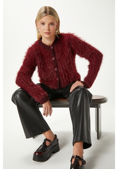 Ritnice Kadın Rush Yumuşak Sakallı Bordo Bisiklet Yaka Triko Hırka Ws-07226 Bordo