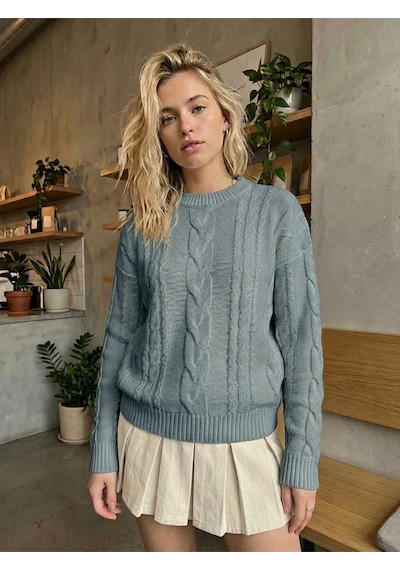 Sayzen Your Shine Saç Örgülü Basic Regular Triko Kazak Sy-2605 Nardo Gri