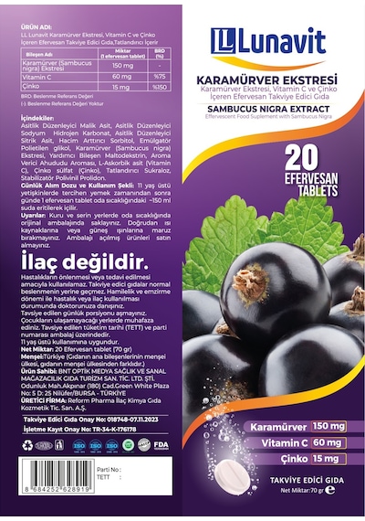 Lunavit Kara Mürver Vitamin C Ve Çinko 20 Efervesan Tablet