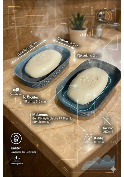 Buççin Online Mağaza Su Tahliyeli, Kırılmaz, Çevre Dostu Banyo & Mutfak Sabun Kabı 12x8,5x3 Cm 2 Li Set Plastik Siyah Çok Renkli