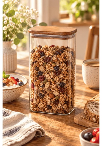 Atbyhome Ahşap Vakum Kapaklı Dikdörtgen Cam Kavanoz 1500 Ml - Çay Kahve Ve Erzak Saklama Kabı