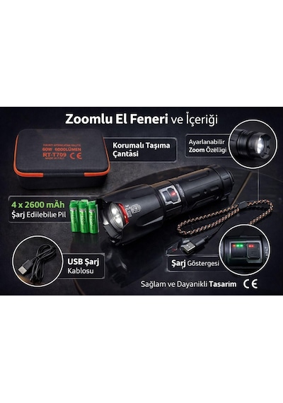 Büro Ev Ofis Hediyesi İçin Şarjlı 6000lm 60w 2km Menzil10400mah Powerbank Fener Gri