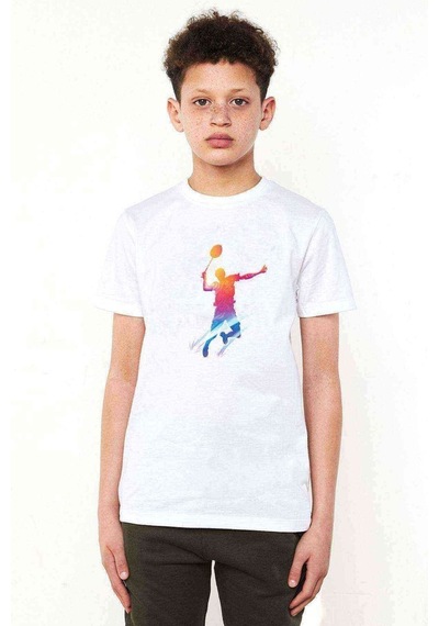 Tshirthane Watercolor Badminton Baskılı Unisex Çocuk Beyaz T-Shirt