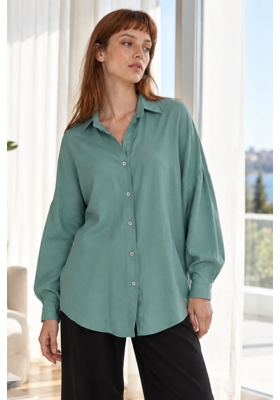 Armonika Kadın Yeşil Oversize Uzun Basic Gömlek Arm-22y001118