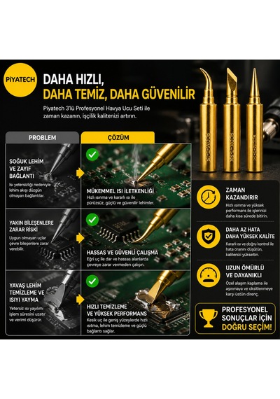 3'lü Profesyonel 900m Serisi Havya Ucu Seti Düz Eğri Ve Kesik Altın Renk Mikro Lehim Ucu