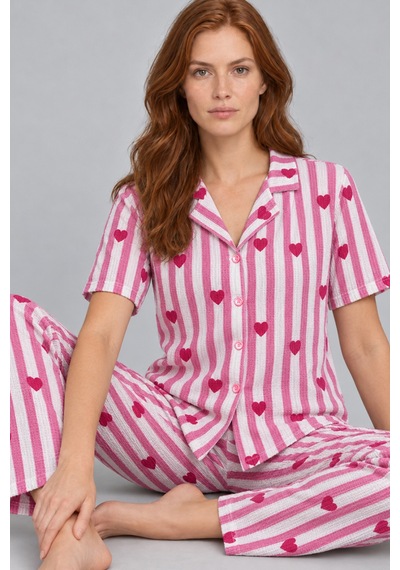 Fit Women Kadın Rahat Kalıp Gömlek Yaka Pembe Kalpli Pijama Takımı 4769