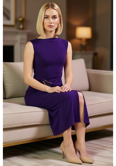 Benerly Kadın Bodycon Midi Elbise Kolsuz Kayık Yaka Aksesuar Detaylı Örne Mor