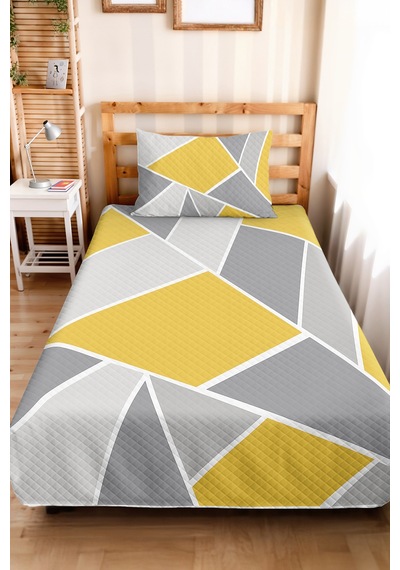 Sarı Geometrik Genç Odası Tek Kişilik Pike Takımı - Gri Modern 160x220 Cm Kapitone Yatak Örtüsü Mumlu Kum Akışı