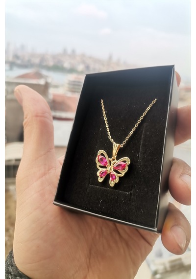Ervanur Altın Kaplama Fuşya Zirkon Taşlı Kelebek Kolye Altın