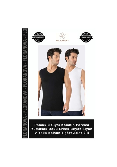 Floranova Pamuklu Giysi Kombin Parçası Yumuşak Doku Erkek Beyaz Siyah V Yaka Kolsuz Tişört Atlet 2'li