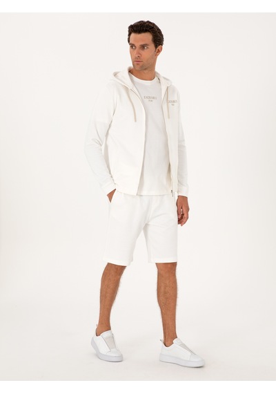 Ekru Regular Fit %100 Pamuk Tam Fermuarlı Kapüşonlu Sweatshirt Bej