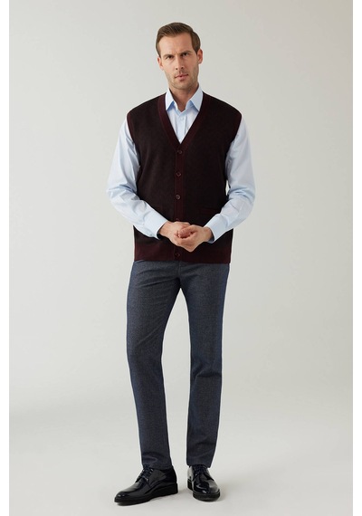 Erkek Koyu Bordo Regular Fit Desenli Yün Karışımlı Triko Yelek