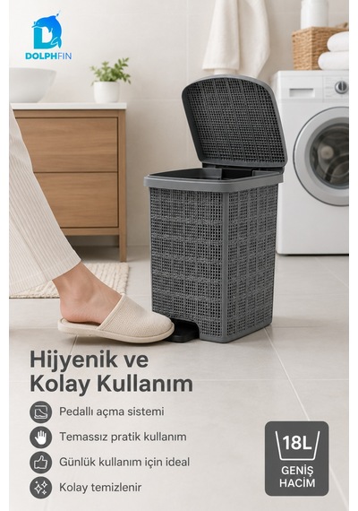 Jute Pedallı Çöp Kovası Kapaklı Büyük Boy Plastik Banyo Mutfak Ofis Atık Kovası 37x31,5x40 Cm Siyah