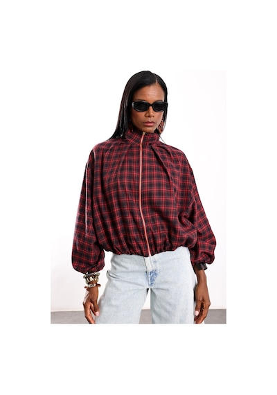 5in1Canpolat Bordo Dik Yaka Ekose Bomber Ceket 9784