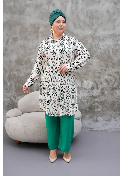 Polologin Butik Krem Rengi Motifli Uzun Tunik Krem