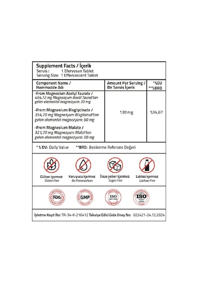 Magnezyum Complex Bisglycinate Taurat Malat 15 Effervescent Tablet
