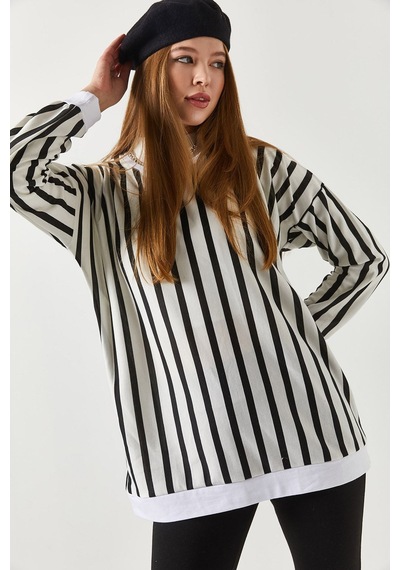 Armonika Kadın Siyah Çizgili Yuvarlak Yaka Oversize Sweatshirt Arm-22y001191