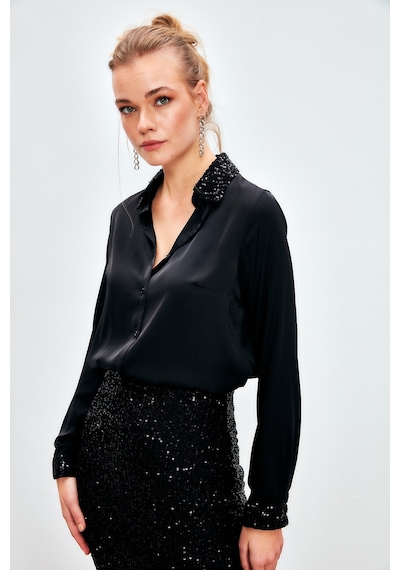 Sateen Payet Detaylı Saten Gömlek - Siyah