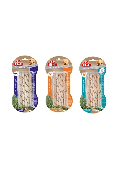 8in1 Delights 3 Çeşit Karma Twisted Sticks Burgu Köpek Ödülü 55 Gr. X 3 Paket
