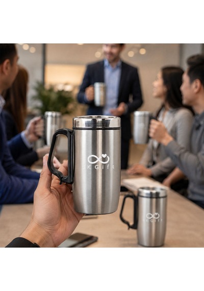 Logonuza Özel 5 Adet 5304 Çelik Kupa 240 Ml Kilitli Kapaklı Kurumsal Termos Mug Gümüş