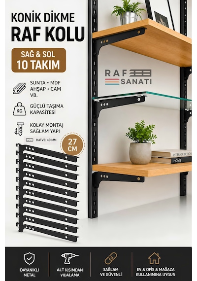 10 Takım Raf Destek Kolu 27 Cm 40 Hatve Ahşap Mdf Sunta Cam Raf Tutucu Raf Kolu Siyah
