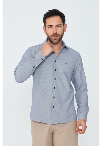 White Stone Lacivert Mikro Desenli Dynamic Fit Erkek Uzun Kollu Gömlek