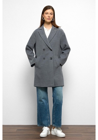 Olcay Desenli Astarlı Oversize Kruvaze Kaban Gri 3095