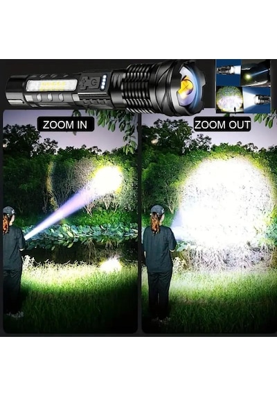 Valkyrie Şarjlı 7 Modlu Ultra Güçlü Led El Feneri Çakarlı Çok Fonksiyonlu Zoom 1500mah Siyah