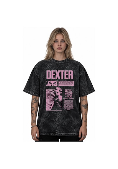 Sevbano Dexter Dizi Baskılı Unisex Oversize Vintage Yıkamalı Tişört Siyah