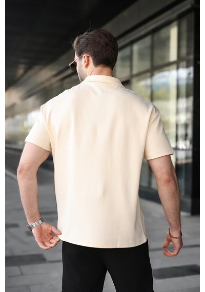 Madmext Bej Yarım Fermuar Detaylı Polo Yaka Erkek Tişört E7184