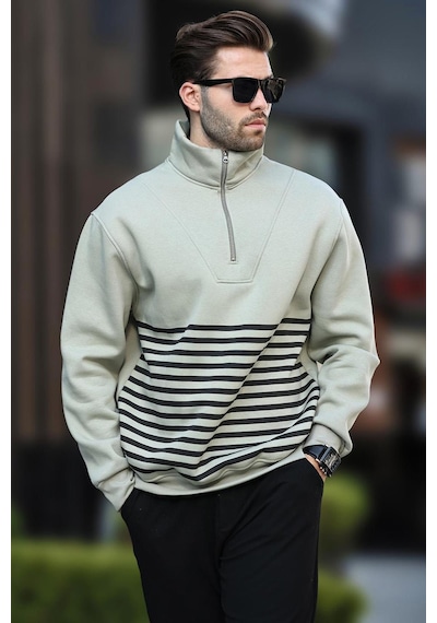 Madmext Çağla Yeşili Fermuar Yakalı Çizgili Sweatshirt 7056-çağla Yeşili Çağla Yeşili