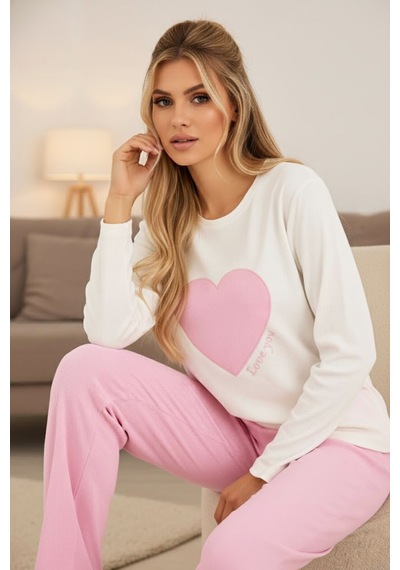 Siyah İnci Pamuklu Fitilli Kaşkorse Örme Pijama Takım25226013 Pembe