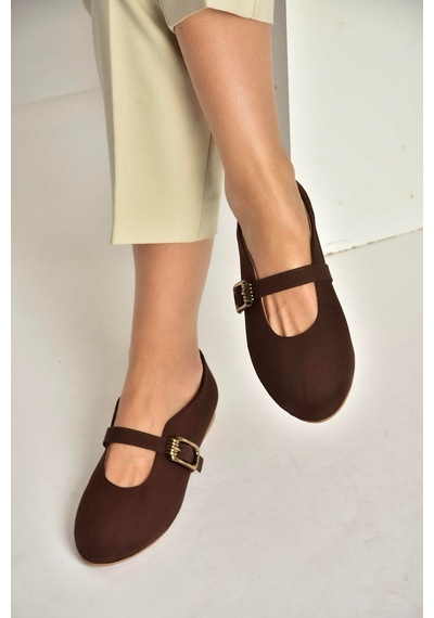 Fox Shoes Y820650204 Kahverengi Kumaş Toka Detaylı Şık Babet Kahverengi
