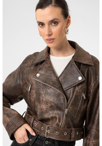 Antioch Kadın Suni Deri Crop Biker Ceket Kahve