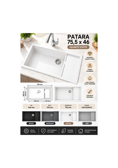 Granit Evye Patara Series Gri Renk En:460 Mm Boy :755 Mm Derinlik :195 Mm