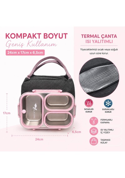 Valkyrie 304 Paslanmaz Çelik 3 Bölmeli Pembe Lunch Box Termal Çantalı Sızdırmaz Kapaklı Beslenme Kabı,