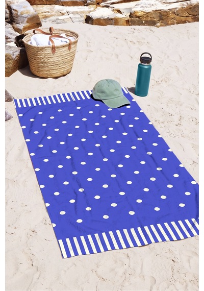 Puantiyeli Çizgili Mavi Plaj Havlusu - Marine Modern Lacivert Beyaz Hızlı Kuruyan Mikrofiber Havlu Çok Renkli