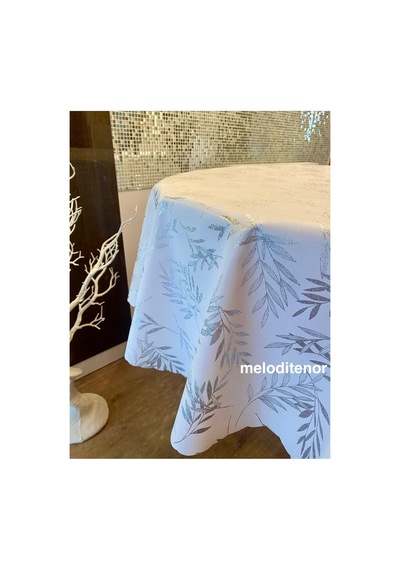 Simli Salça Lekesi Tutmayan Sedefli Beyaz Lüks Dertsiz Linen Yuvarlak Pvc Muşamba Masa Örtüsü Gümüş